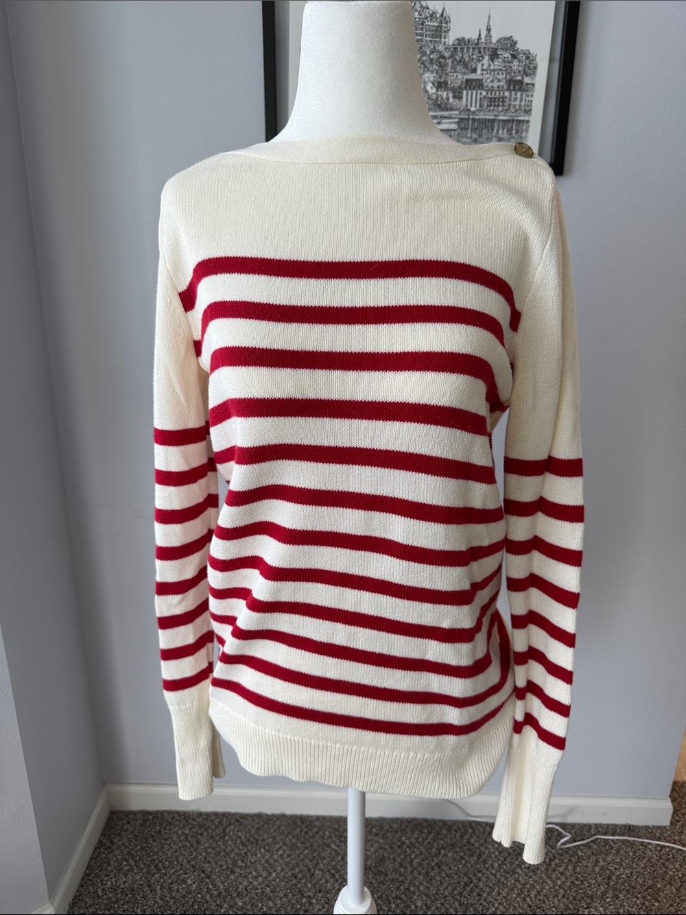 J. Crew Factory Cream and Red Striped Boatneck Sweater